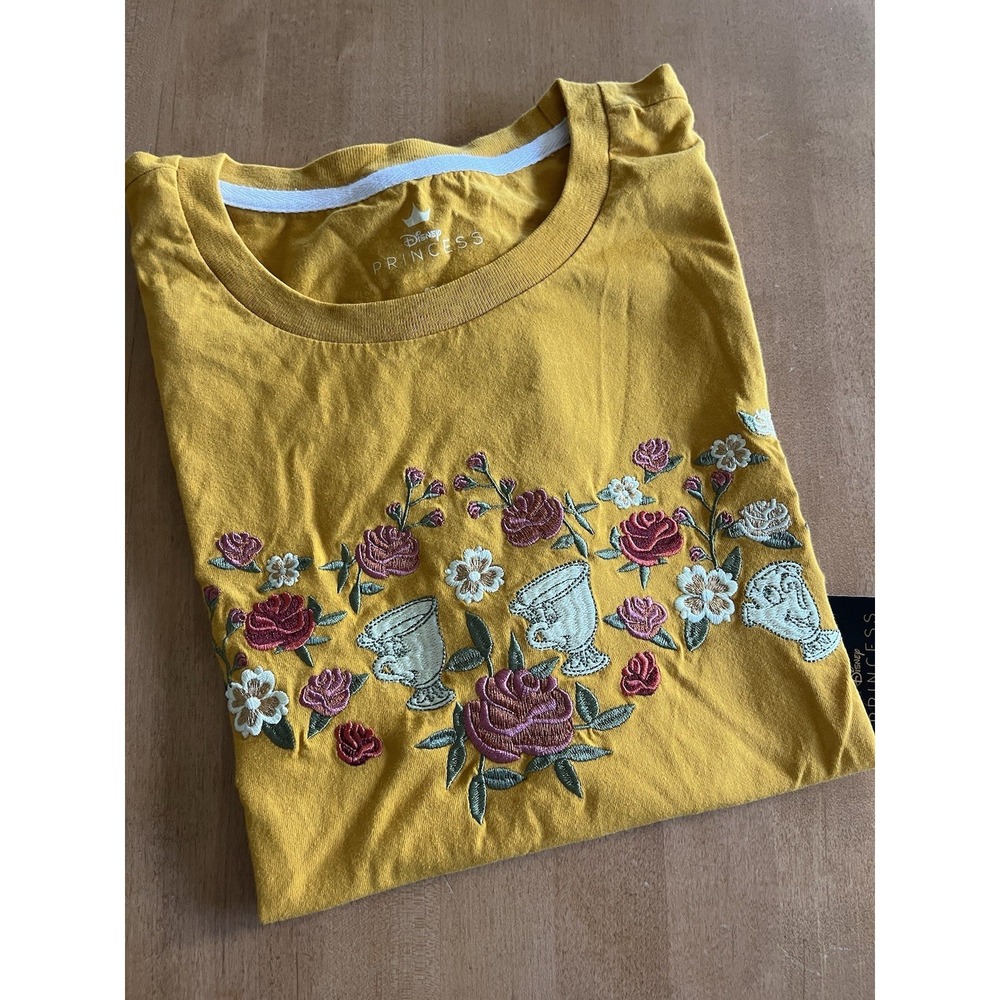 DISNEY Beauty & Beast Belle Shirt Embroidered Chip Tea Cup Roses Large NWT